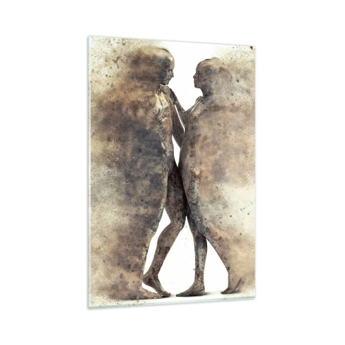 Cuadro sobre vidrio - Impresiones sobre Vidrio - Un dúo abstracto de siluetas en tonos arena. - 80x120cm - Del polvo resurgieron para amar - Decoración de pared moderna para salón y dormitorio ARTTOR