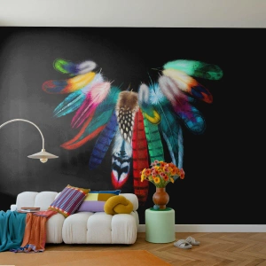 Fotomural Premium Sand - Plumas de colores dispuestas en forma de alas sobre un fondo negro. - 100x70cm - Collar indio - Decoración de pared moderna para salón y dormitorio ARTTOR