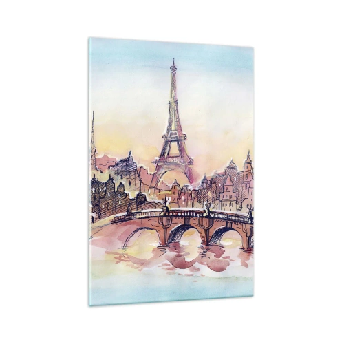 Cuadro sobre vidrio - Impresiones sobre Vidrio - Panorama de acuarela de París con la Torre Eiffel al atardecer - 70x100cm - Única en el mundo - Decoración de pared moderna para salón y dormitorio ARTTOR