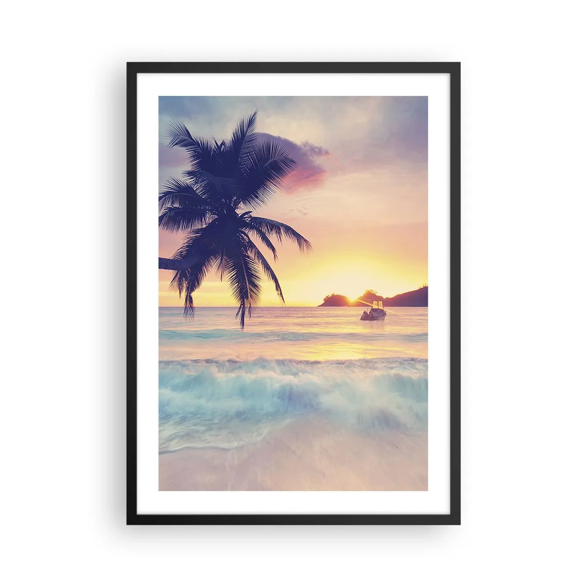 Póster en marco negro - Palmera en la playa al atardecer - 50x70cm - Atardecer en la bahía - Decoración de pared moderna para salón y dormitorio ARTTOR