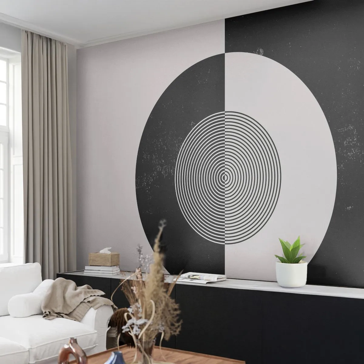 Fotomural Premium Sand - Abstracción geométrica en blanco y negro con círculos. - 100x70cm - Armonía en blanco y negro - Decoración de pared moderna para salón y dormitorio ARTTOR