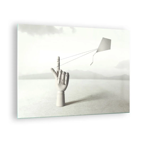 Cuadro sobre vidrio - Impresiones sobre Vidrio - Una mano de madera que sostiene una cometa flotante en su dedo. - 70x50cm - Una prueba de fuerza - Decoración de pared moderna para salón y dormitorio ARTTOR