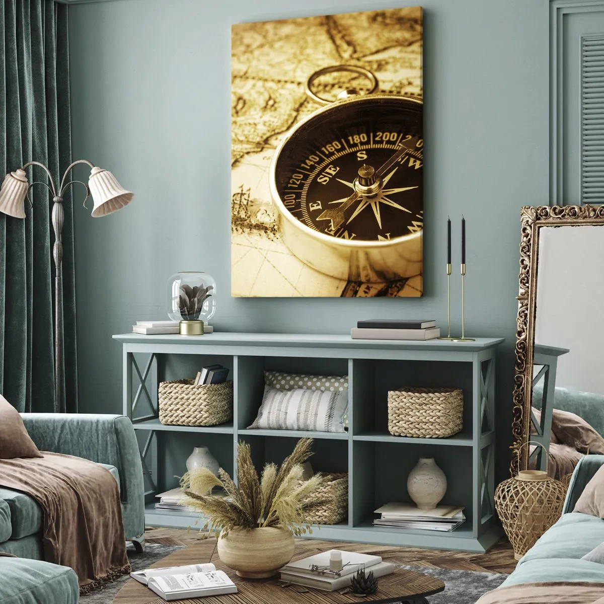 Cuadro sobre lienzo - Impresión de Imagen - Una brújula antigua sobre el fondo de un mapa del viejo mundo. - 50x70cm - ¿Este u Oeste? - Decoración de pared moderna para salón y dormitorio ARTTOR