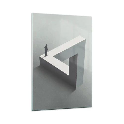 Cuadro sobre vidrio - Impresiones sobre Vidrio - Una figura parada sobre un triángulo de Penrose en tonos de gris. - 80x120cm - Y, sin embargo, es posible - Decoración de pared moderna para salón y dormitorio ARTTOR