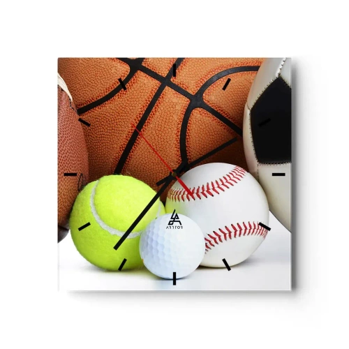 Reloj de pared - Reloj de vidrio - Balones de diversas disciplinas deportivas - 30x30cm - Unidos por el deporte - Decoración de pared moderna para salón y dormitorio ARTTOR