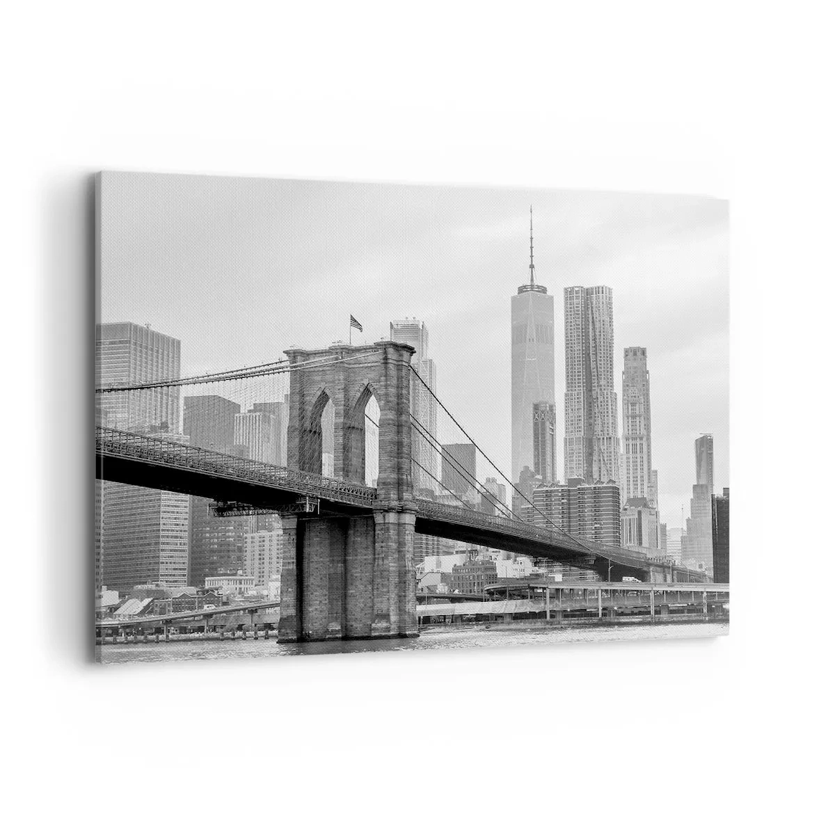Cuadro sobre lienzo - Impresión de Imagen - Puente de Brooklyn con rascacielos de Nueva York al fondo - 100x70cm - Vibraciones de Nueva York - Decoración de pared moderna para salón y dormitorio ARTTOR