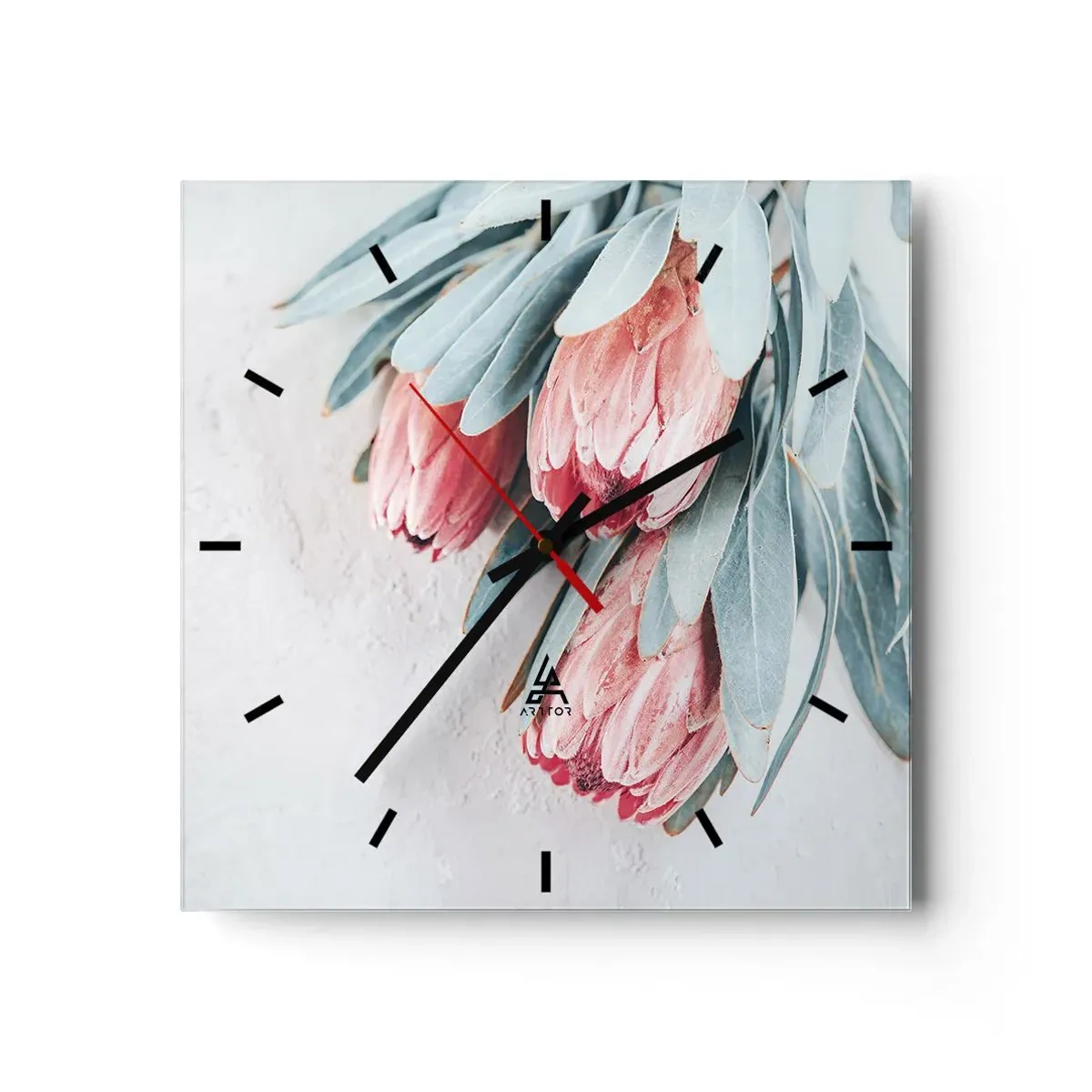 Reloj de pared - Reloj de vidrio - Sutiles flores de protea rosa sobre un fondo claro. - 30x30cm - Avergonzada de su propia belleza - Decoración de pared moderna para salón y dormitorio ARTTOR