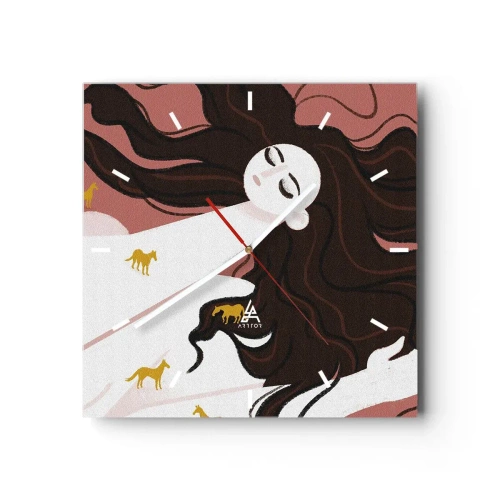 Reloj de pared - Reloj de vidrio - Una figura con los ojos cerrados rodeada de caballos dorados. - 30x30cm - Sueño de caballos dorados - Decoración de pared moderna para salón y dormitorio ARTTOR