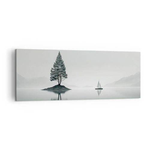 Cuadro sobre lienzo - Impresión de Imagen - Un paisaje minimalista con un árbol en una isla y un velero. - 140x50cm - Un sueño hecho realidad - Decoración de pared moderna para salón y dormitorio ARTTOR