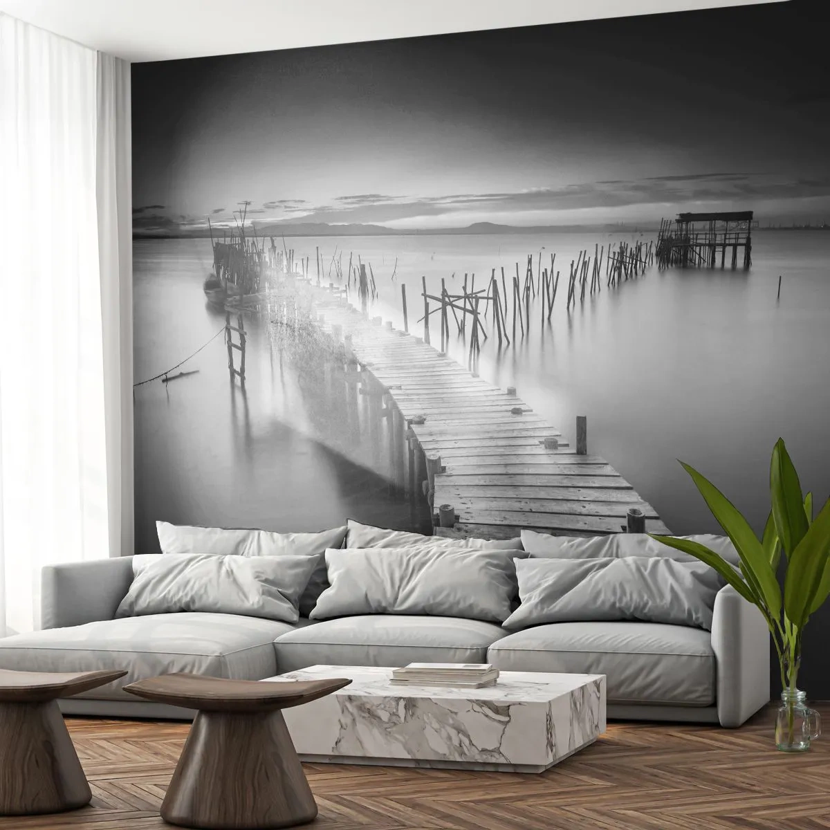 Fotomural Standard Eco - La calma de una orilla olvidada - Paisaje, Lago, Puente de madera - 400x280 cm