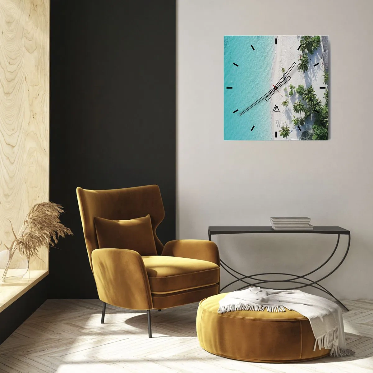 Reloj de pared - Reloj de vidrio - Una vista de pájaro de una playa tropical con agua turquesa y palmeras. - 30x30cm - Vacaciones en el paraíso - Decoración de pared moderna para salón y dormitorio ARTTOR