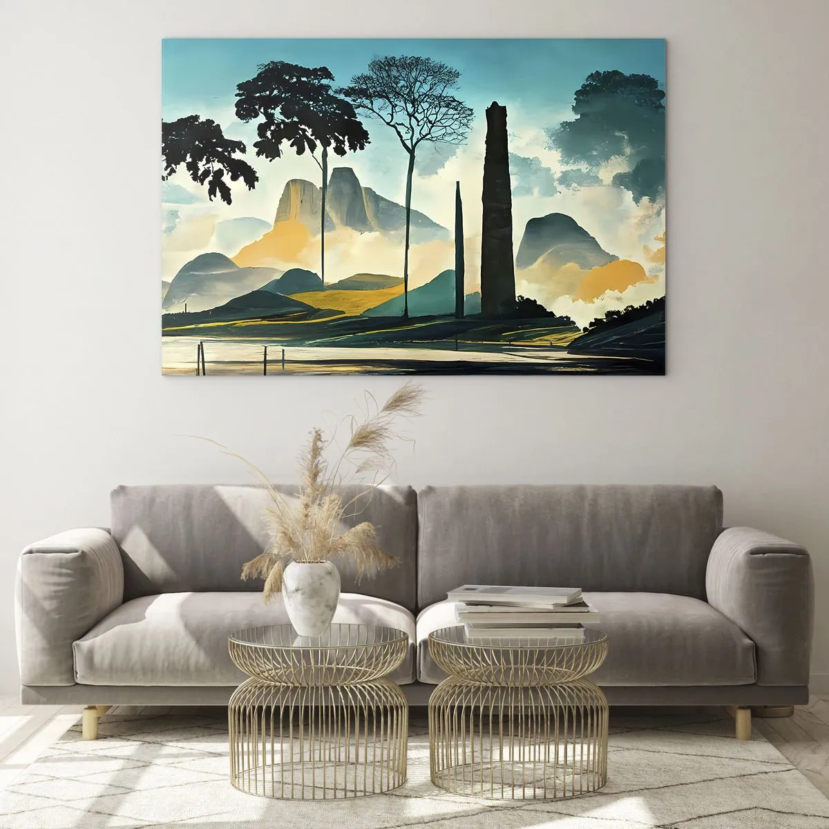Cuadro sobre vidrio - Impresiones sobre Vidrio - Un paisaje de fantasía con montañas, árboles y una imponente roca. - 70x50cm - Cada vez a más altitud - Decoración de pared moderna para salón y dormitorio ARTTOR