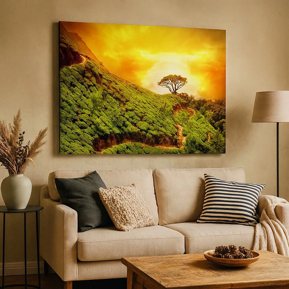 Cuadro sobre lienzo - Impresión de Imagen - Colinas verdes de plantaciones de té al atardecer - 70x50cm - Por un camino sinuoso, por una verde pendiente - Decoración de pared moderna para salón y dormitorio ARTTOR
