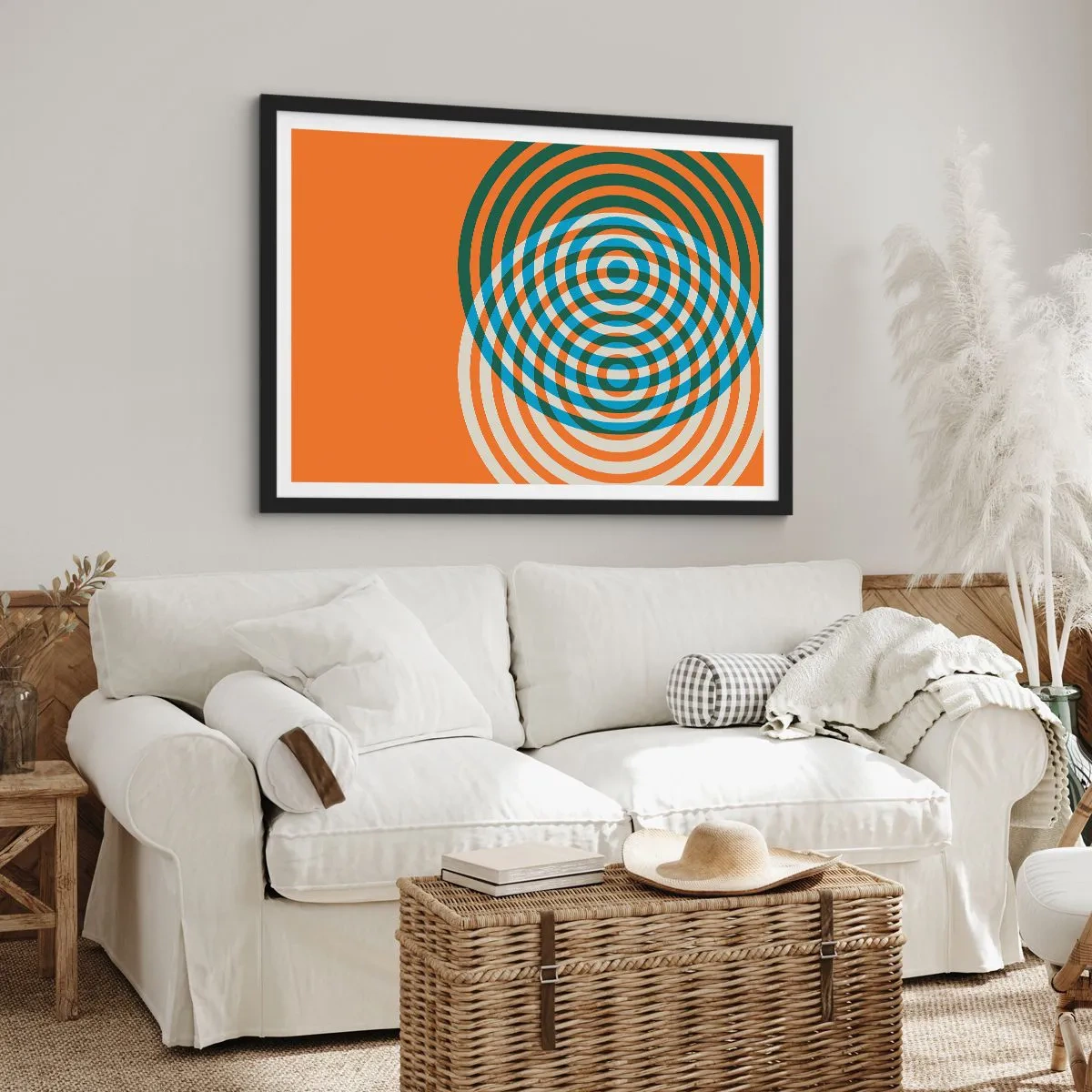Póster en marco negro - Círculos concéntricos sobre un fondo naranja - 100x70cm - Círculos y abstracción - Decoración de pared moderna para salón y dormitorio ARTTOR