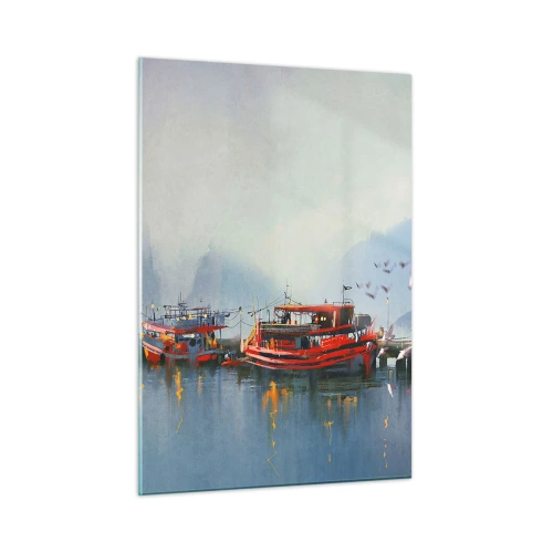 Cuadro sobre vidrio - Impresiones sobre Vidrio - Un puerto con barcos rojos, un faro y pájaros con las montañas como telón de fondo. - 50x70cm - En el fin del mundo - Decoración de pared moderna para salón y dormitorio ARTTOR