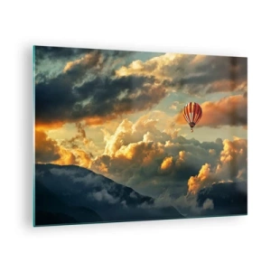 Cuadro sobre vidrio - Impresiones sobre Vidrio - Un globo flotando sobre las montañas entre las nubes al atardecer. - 70x50cm - Vuelo porque quiero - Decoración de pared moderna para salón y dormitorio ARTTOR