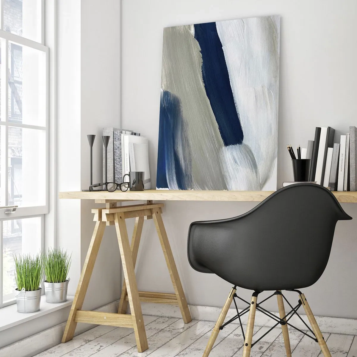 Cuadro sobre vidrio - Impresiones sobre Vidrio - Pinceladas abstractas en tonos azules y grises - 80x120cm - Encuentro con el blanco - Decoración de pared moderna para salón y dormitorio ARTTOR