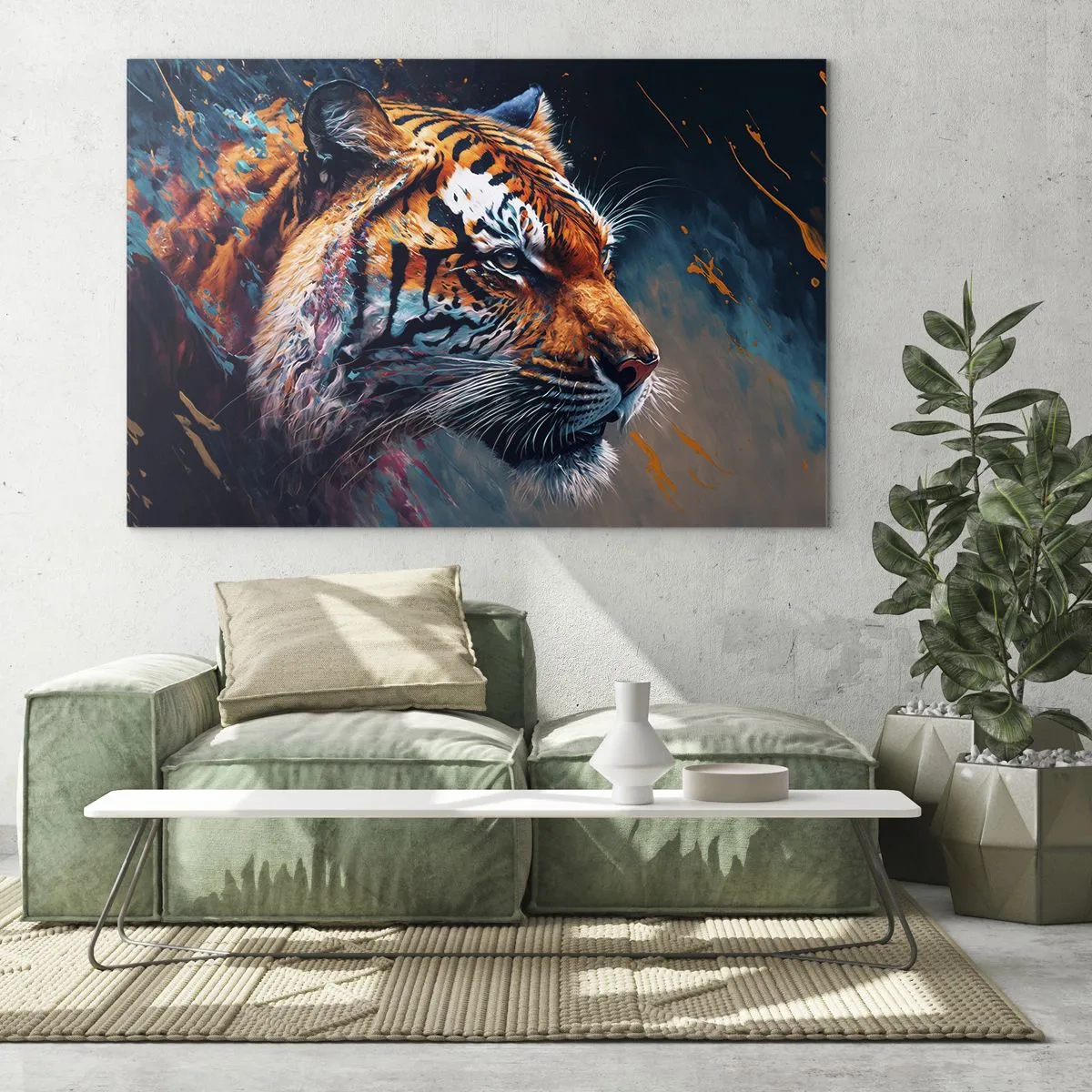 Cuadro sobre vidrio - Impresiones sobre Vidrio - Retrato de un tigre en una explosión artística de colores. - 70x50cm - Belleza salvaje - Decoración de pared moderna para salón y dormitorio ARTTOR