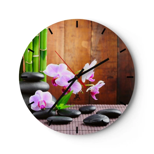 Reloj de pared - Reloj de vidrio - Orquídeas moradas con bambú y piedras. - 30x30cm - Experimente los placeres de Oriente - Decoración de pared moderna para salón, cocina y dormitorio ARTTOR