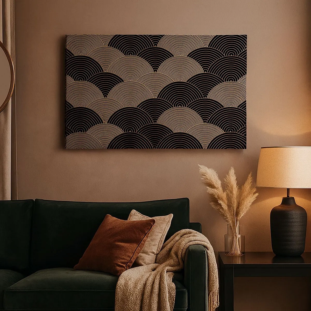Cuadro sobre lienzo - Impresión de Imagen - Patrón Art Déco con semicírculos y líneas doradas. - 70x50cm - Multiplicación de la unidad - Decoración de pared moderna para salón y dormitorio ARTTOR