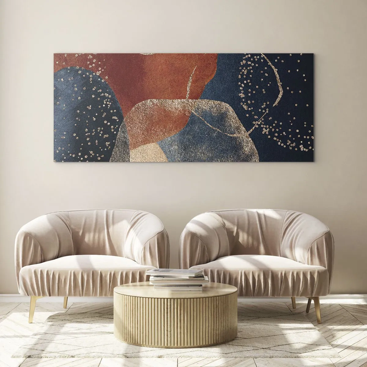 Cuadro sobre vidrio - Impresiones sobre Vidrio - Formas abstractas en tonos de rojo y azul. - 120x50cm - La ligereza del ser - Decoración de pared moderna para salón y dormitorio ARTTOR