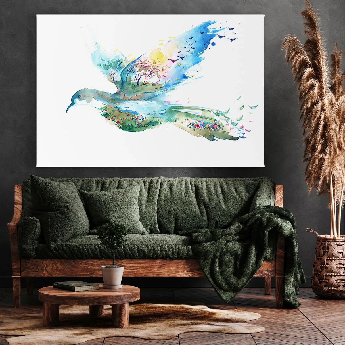 Cuadro sobre lienzo - Impresión de Imagen - Composición en acuarela de un pájaro con elementos de la naturaleza. - 70x50cm - En las alas de la naturaleza - Decoración de pared moderna para salón y dormitorio ARTTOR