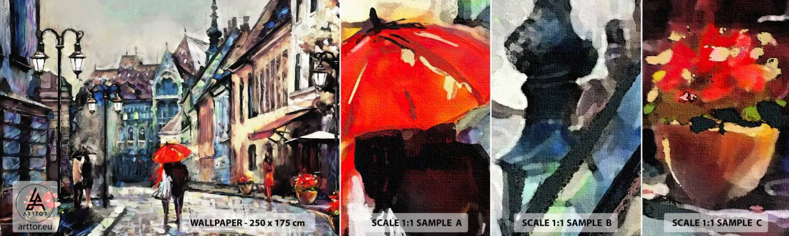 Muestra de fotomural autoadhesivo Deluxe Sticker - Lluvia para dos - Ciudad, Arquitectura, Pueblo Viejo - 100x30 cm