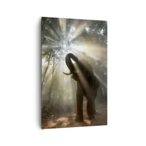 Cuadro sobre lienzo - Impresión de Imagen - Un elefante en el bosque rodeado de rayos de luz en la niebla de la mañana. - 80x120cm - Bajo una estrella de la suerte - Decoración de pared moderna para salón y dormitorio ARTTOR