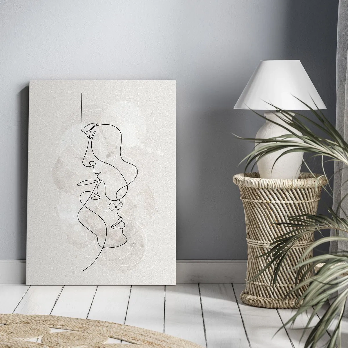 Cuadro sobre lienzo - Impresión de Imagen - Esquema abstracto de dos caras sobre un fondo claro - 50x70cm - En un abrazo - Decoración de pared moderna para salón y dormitorio ARTTOR
