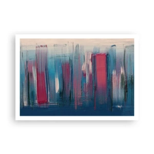 Póster - Formas verticales abstractas en tonos azules y rojos. - 100x70cm - Composición vertical en azul y rojo - Decoración de pared moderna para salón y dormitorio ARTTOR