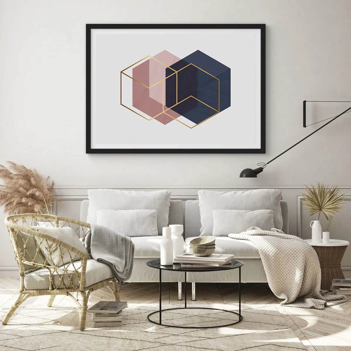 Póster en marco negro - Formas geométricas en líneas doradas sobre un fondo pastel. - 70x50cm - El poder de la sencillez - Decoración de pared moderna para salón y dormitorio ARTTOR