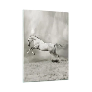 Cuadro sobre vidrio - Impresiones sobre Vidrio - Un caballo blanco saltando contra las nubes. - 50x70cm - Entre la realidad y el sueño - Decoración de pared moderna para salón y dormitorio ARTTOR