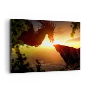Cuadro sobre lienzo - Impresión de Imagen - Un dragón y un hombre en una roca bajo el resplandor del sol poniente. - 120x80cm - Cazador de dragones - Decoración de pared moderna para salón y dormitorio ARTTOR