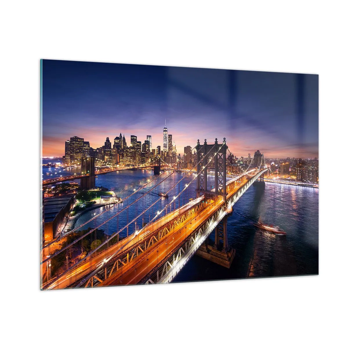Cuadro sobre vidrio - Impresiones sobre Vidrio - El puente con el panorama nocturno de la ciudad y los rascacielos iluminados como telón de fondo. - 100x70cm - Un puente luminoso hacia el corazón de la ciudad - Decoración de pared moderna para salón y dor