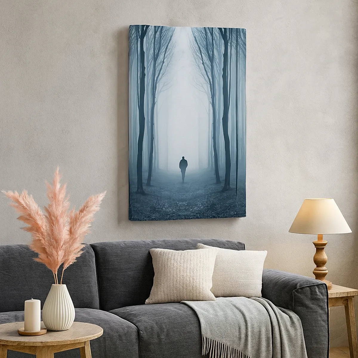 Cuadro sobre lienzo - Impresión de Imagen - Una figura caminando entre los árboles en un bosque brumoso. - 50x70cm - Alto y claro - Decoración de pared moderna para salón y dormitorio ARTTOR