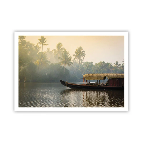 Póster - Un barco tradicional en un río tranquilo entre palmeras. - 100x70cm - Casa en el río - Decoración de pared moderna para salón y dormitorio ARTTOR