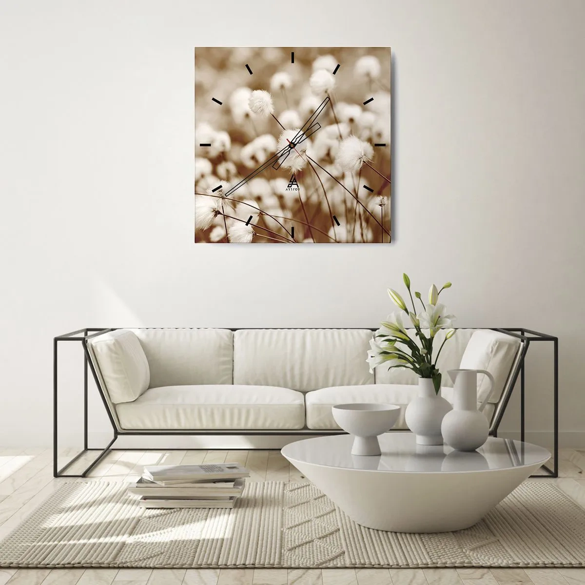 Reloj de pared - Reloj de vidrio - Un campo de delicadas plantas en tonos sepia. - 30x30cm - Un mullido colchón - Decoración de pared moderna para salón y dormitorio ARTTOR