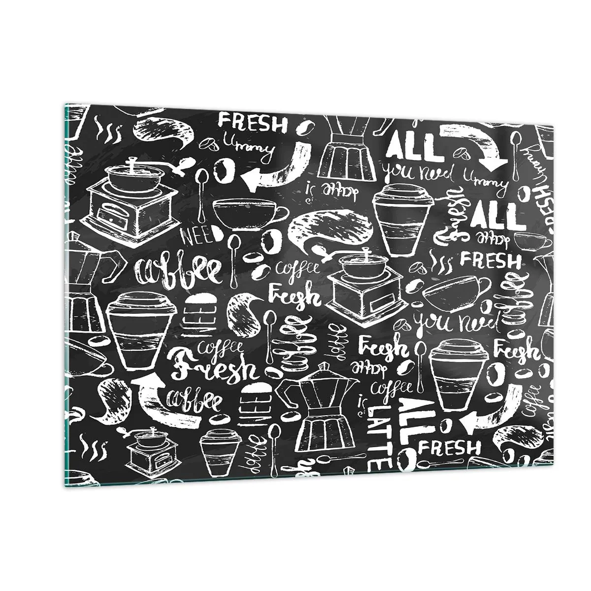 Cuadro sobre vidrio - Impresiones sobre Vidrio - Gráficos y letras de café sobre un fondo negro en estilo retro. - 120x80cm - All you need is… - Decoración de pared moderna para salón y dormitorio ARTTOR