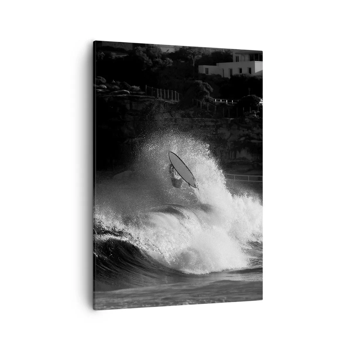Cuadro sobre lienzo - Impresión de Imagen - Un surfista montando una ola en monocromo. - 50x70cm - Desafío aceptado - Decoración de pared moderna para salón y dormitorio ARTTOR