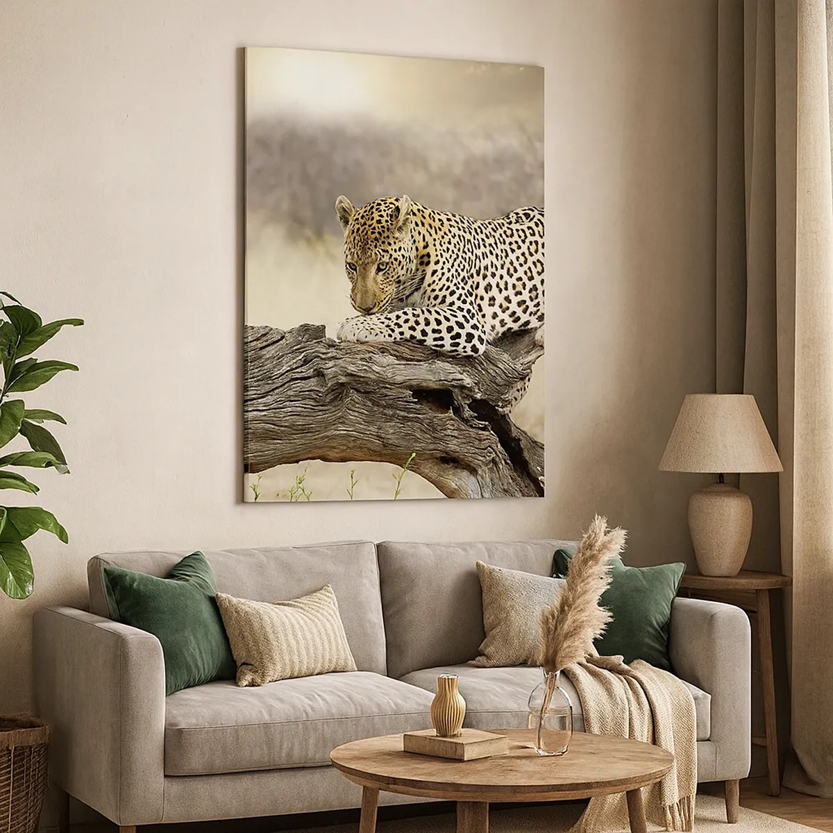 Cuadro sobre lienzo - Impresión de Imagen - Un leopardo descansando en el tronco de un árbol en la sabana. - 50x70cm - Voy por mi cuenta - Decoración de pared moderna para salón y dormitorio ARTTOR