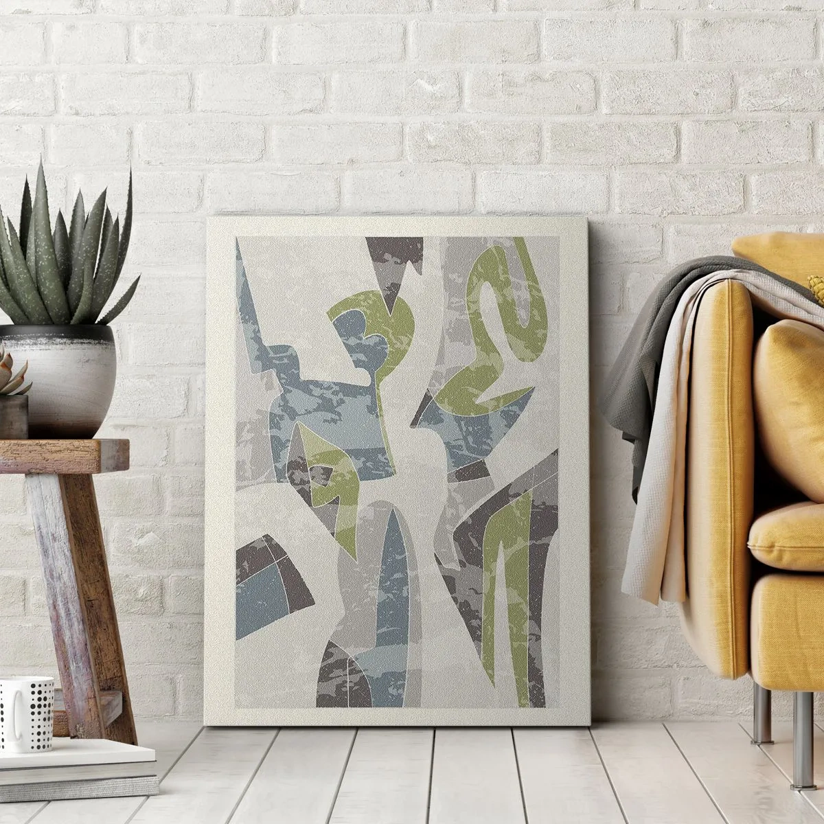 Cuadro sobre lienzo - Impresión de Imagen - Formas abstractas en verde y azul sobre un fondo claro - 50x70cm - Composición tras vidriera - Decoración de pared moderna para salón y dormitorio ARTTOR