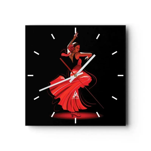Reloj de pared - Reloj de vidrio - Bailaora de flamenco con vestido rojo sobre fondo negro - 30x30cm - El espíritu ardiente del flamenco - Decoración de pared moderna para salón y dormitorio ARTTOR