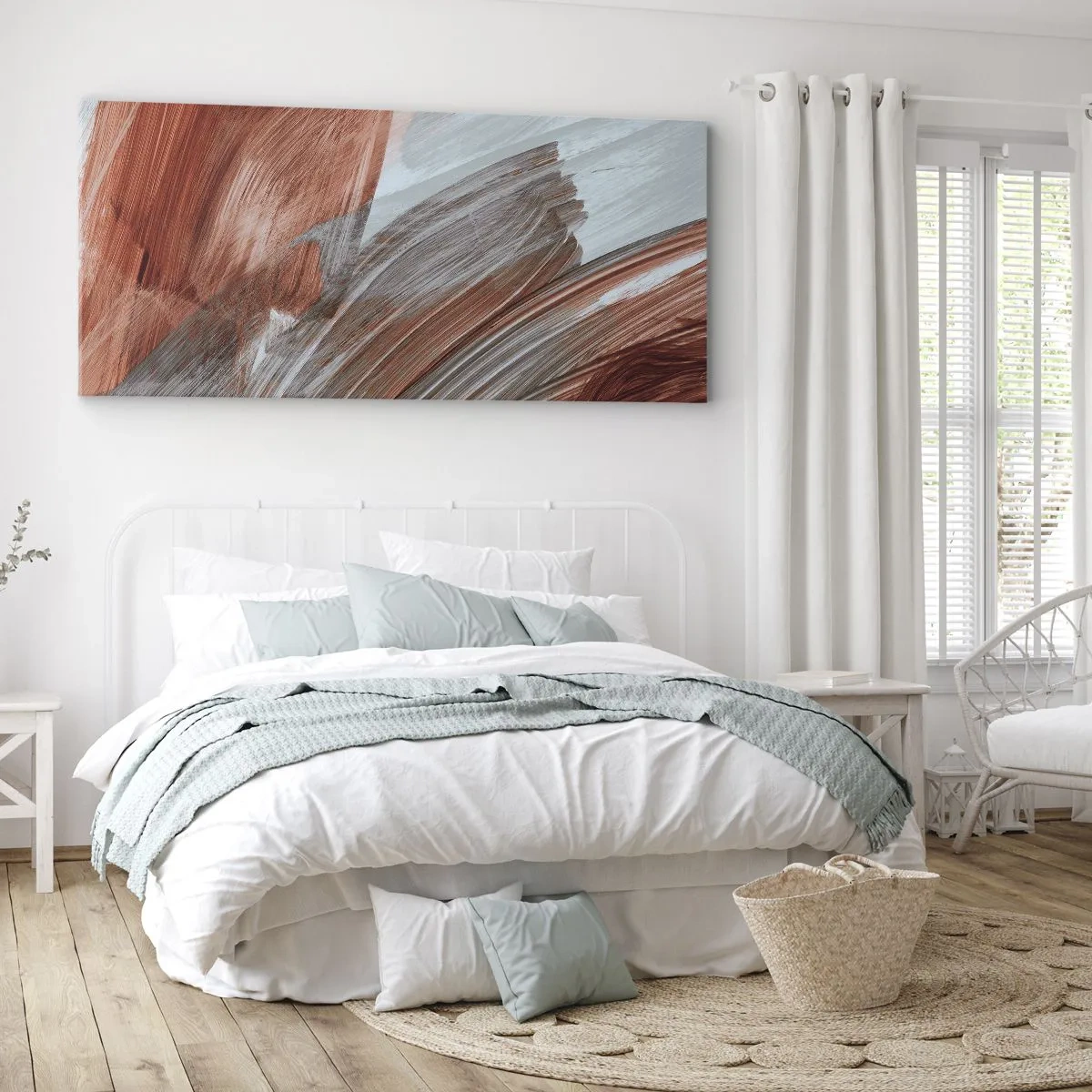 Cuadro sobre lienzo - Impresión de Imagen - Pinceladas abstractas en tonos cobre y gris. - 120x50cm - Abstracción otoñal y ventosa - Decoración de pared moderna para salón y dormitorio ARTTOR