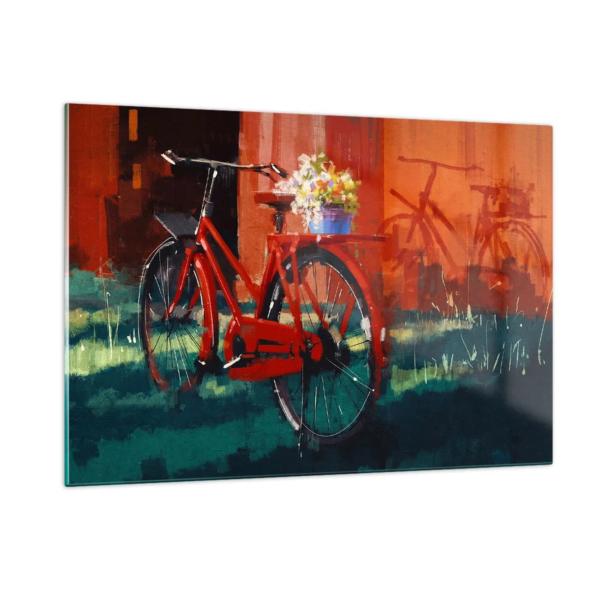 Cuadro sobre vidrio - Impresiones sobre Vidrio - Una bicicleta roja con flores delante de un edificio rojo. - 120x80cm - Quiero ir en bicicleta - Decoración de pared moderna para salón y dormitorio ARTTOR
