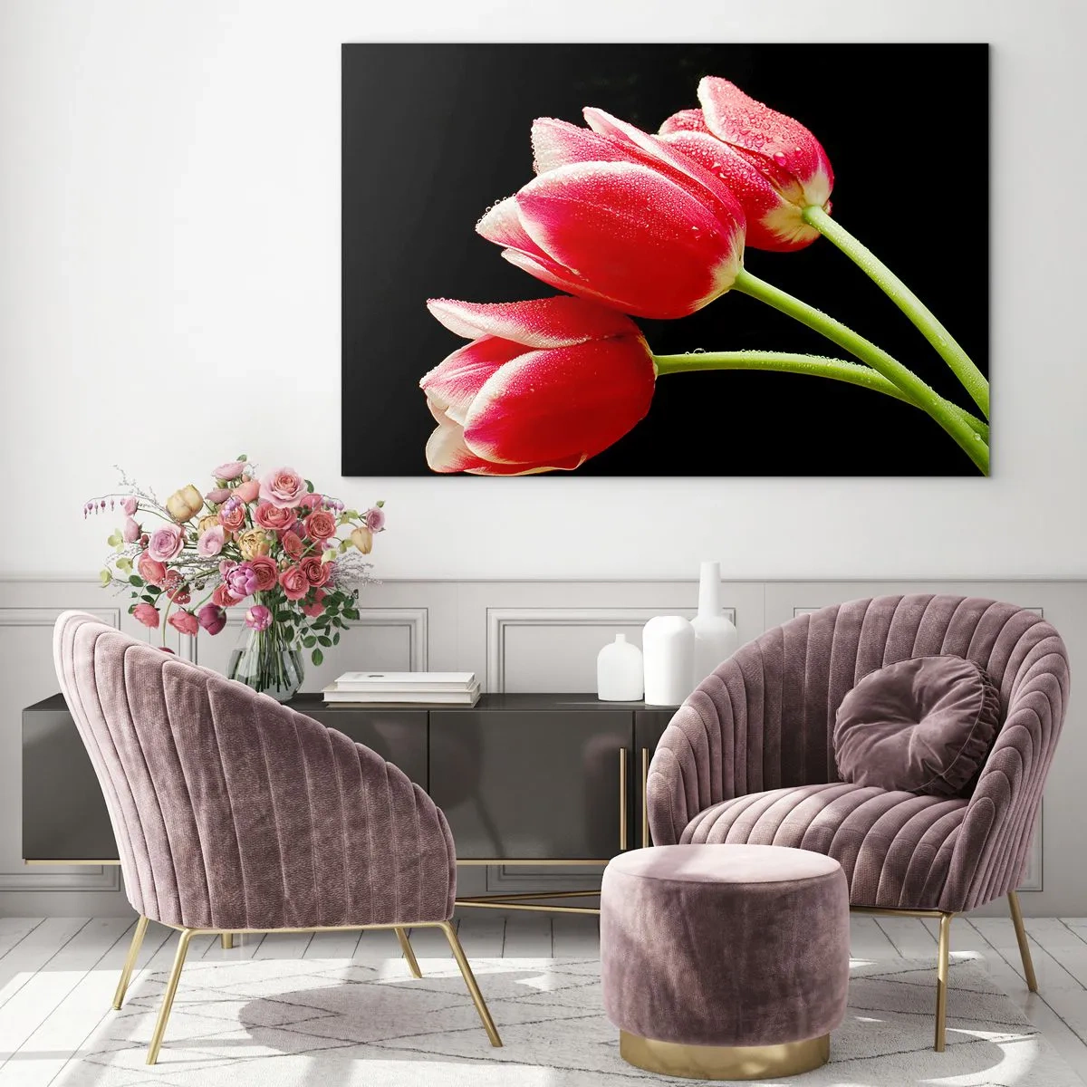 Cuadro sobre vidrio - Impresiones sobre Vidrio - Tulipanes rojos con gotas de rocío sobre un fondo negro - 100x70cm - Promesa de amor puro - Decoración de pared moderna para salón y dormitorio ARTTOR