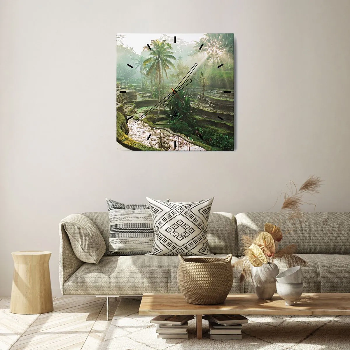 Reloj de pared - Reloj de vidrio - Terrazas de arroz con palmeras bajo los rayos del sol - 30x30cm - Crecer bajo el sol - Decoración de pared moderna para salón y dormitorio ARTTOR