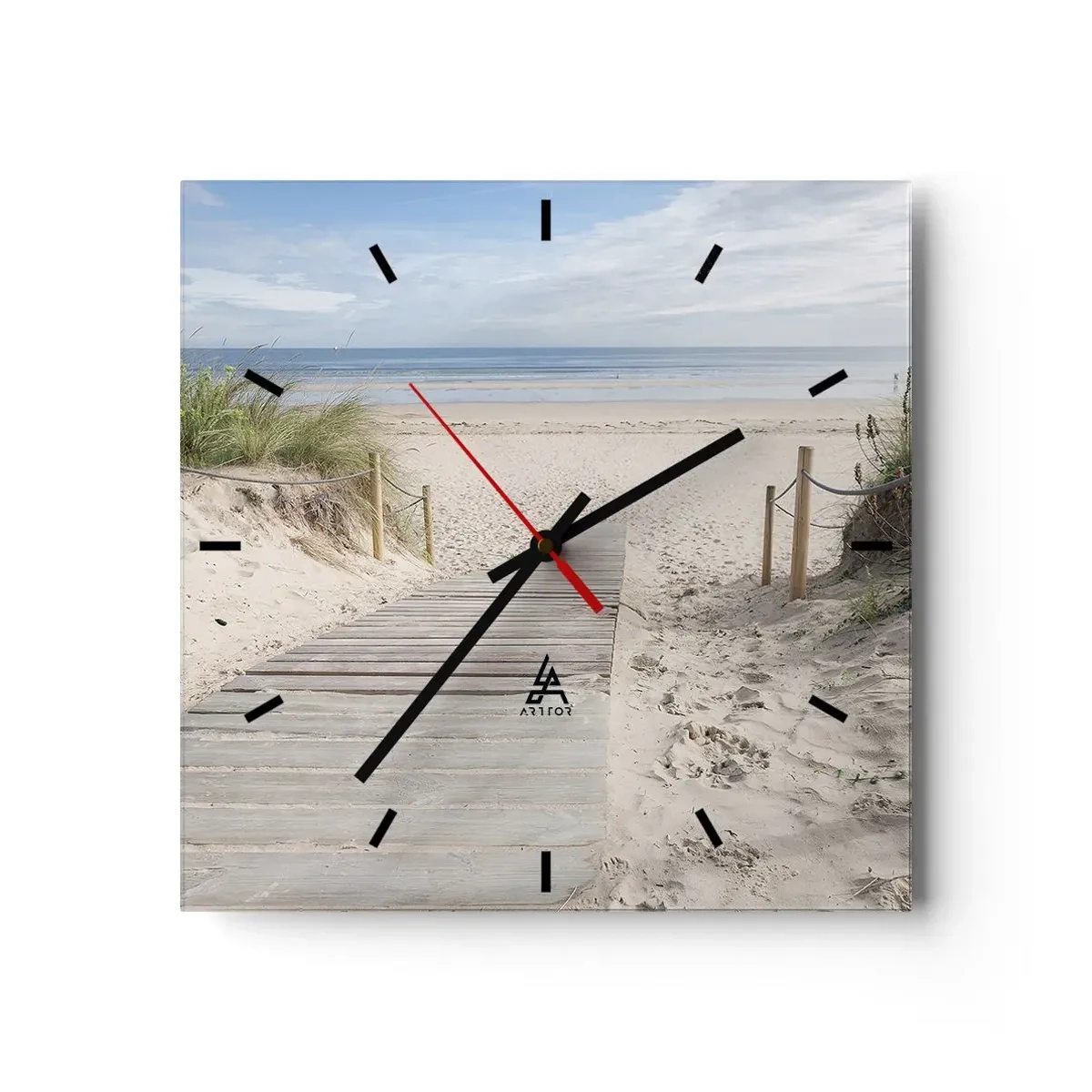 Reloj de pared - Reloj de vidrio - Un camino de tablones que conduce a una playa de arena. - 30x30cm - Hasta el horizonte - Decoración de pared moderna para salón y dormitorio ARTTOR