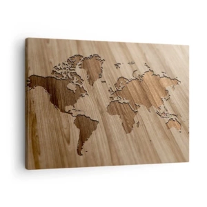 Cuadro sobre lienzo - Impresión de Imagen - Un mapa del mundo recortado sobre una superficie de madera. - 70x50cm - El mundo servido en la mesa - Decoración de pared moderna para salón y dormitorio ARTTOR