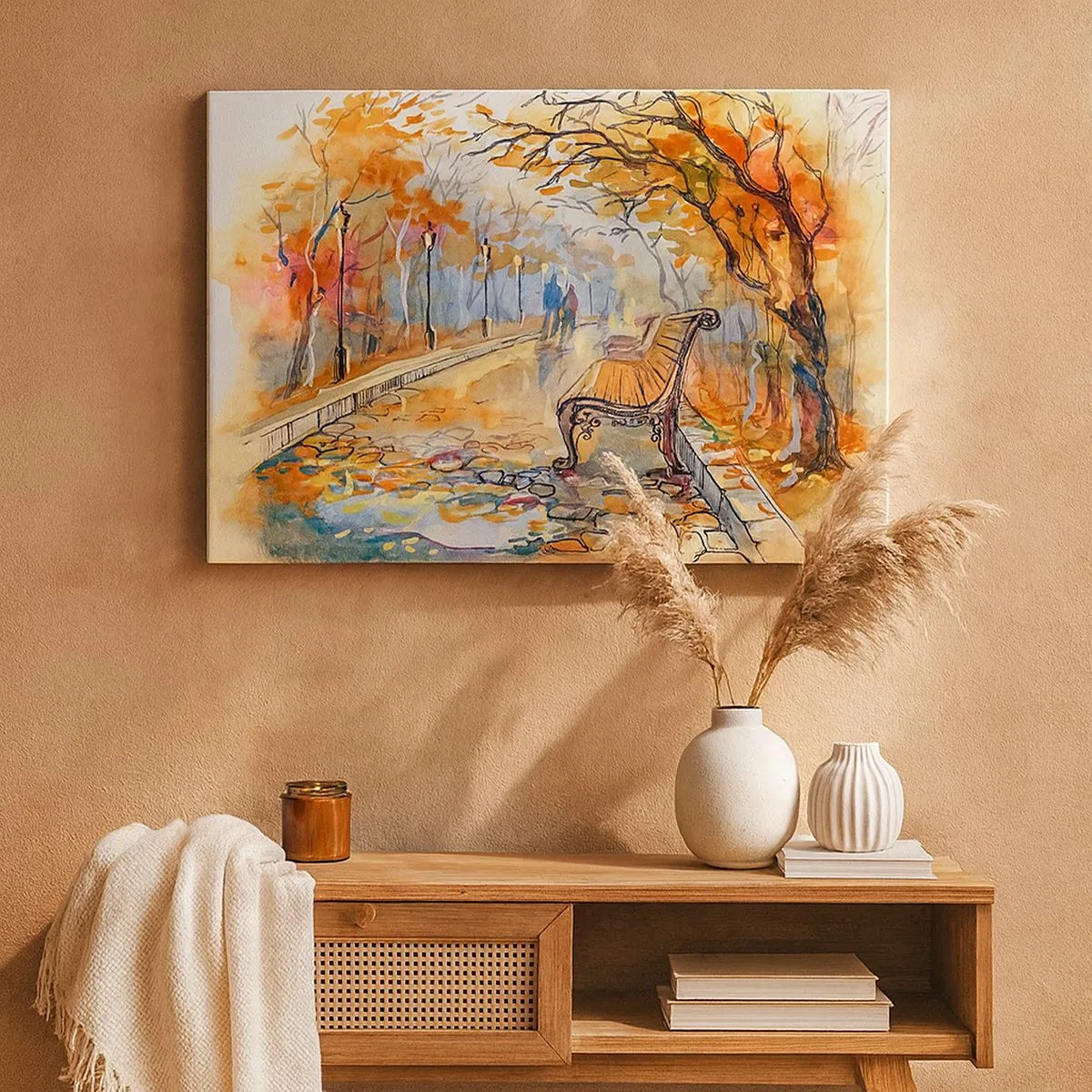 Cuadro sobre lienzo - Impresión de Imagen - Un parque otoñal con un banco en acuarela. - 70x50cm - Caminemos juntos hacia el otoño - Decoración de pared moderna para salón y dormitorio ARTTOR