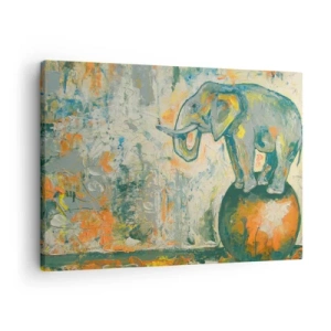 Cuadro sobre lienzo - Impresión de Imagen - Un elefante haciendo equilibrio sobre una pelota en un estilo artístico. - 70x50cm - ¡Viva el circo! - Decoración de pared moderna para salón y dormitorio ARTTOR